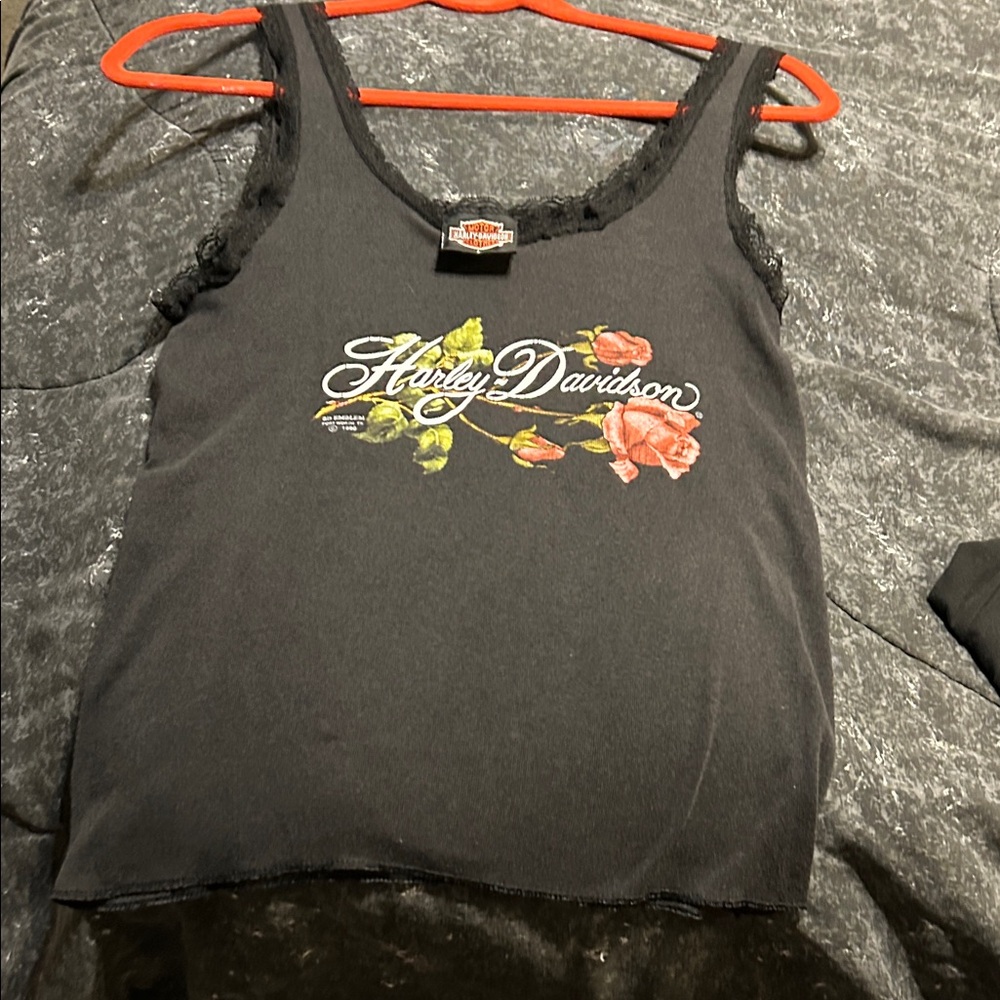 Vintage Harley-Davidson Black Tank Top with Floral Design